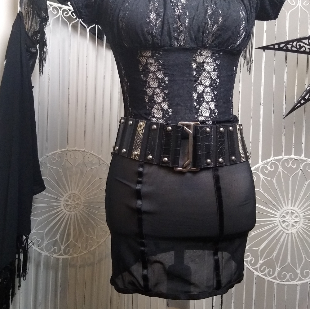 Black Mesh Y2K Goth Catherine Coatney Mini Skirt with Ribbon Piping